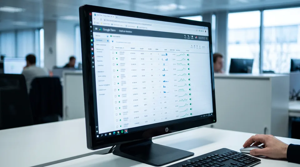 Monitor z tabelą kampanii reklamowych, budżetami i kosztem konwersji