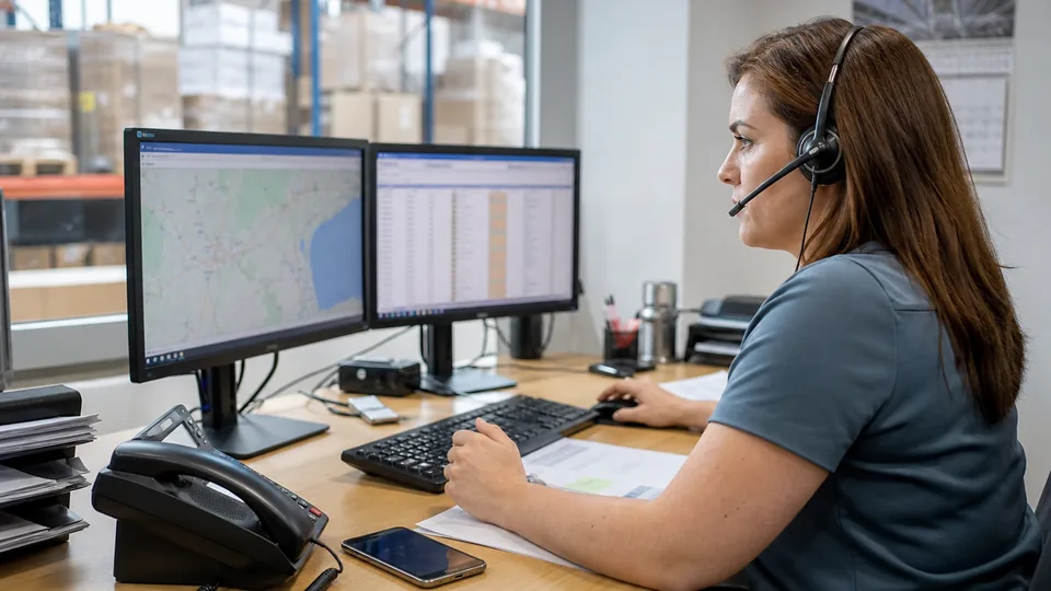 Spedytorka przy biurku z dwoma monitorami odbiera telefon od nadawcy ładunku